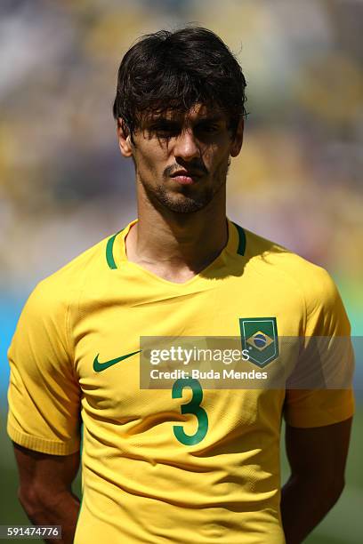 Rodrigo Caio of Brazil ahead of the Men's Semifinal Football match at Maracana Stadium on Day 12 of the Rio 2016 Olympic Games on August 17, 2016 in...