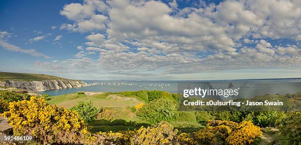 yachts near alum bay and the needles - alum bay stock-fotos und bilder