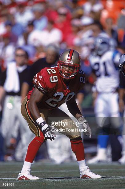 Ahmed Plummer of the San Francisco 49ersis ready on the field during the game against the Carolina Panthers at 3Com Park in San Francisco,...