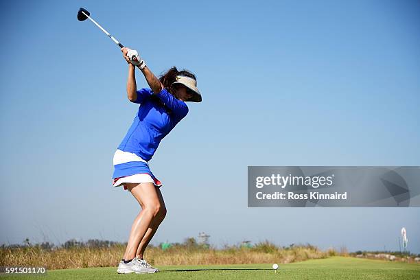 Maria Verchenova of Russia plays her shot from the 18th tee during the First Round of Women's Golf at Olympic Golf Course on Day 12 of the Rio 2016...