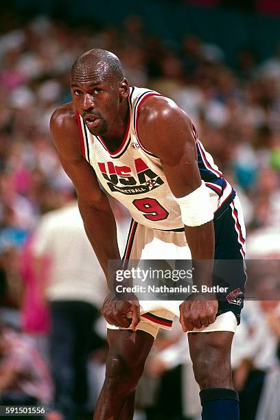 Michael Jordan of the United States National Team stands on the court during the 1992 Olympics in Barcelona, Spain at Palau Municipal d'Esports de...