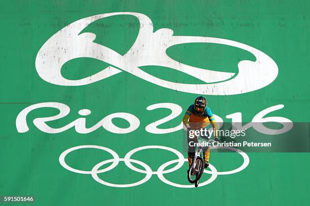 Lauren Reynolds of Australia competes in the Cycling - BMX Women's Seeding Run on day 12 of the Rio 2016 Olympic Games at The Olympic BMX Centre on...