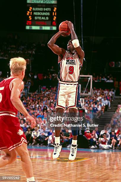 Michael Jordan of the United States National Team shoots the ball during the 1992 Olympics in Barcelona, Spain at Palau Municipal d'Esports de...