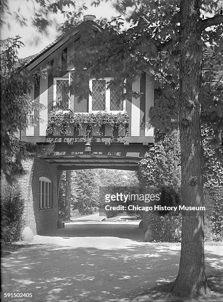 Entrance to gardens at Mrs Laurance Armour residence at 395 North Green Bay Road, Lake Forest, Illinois, 1920s or 1930s. In 1987, the estate became...