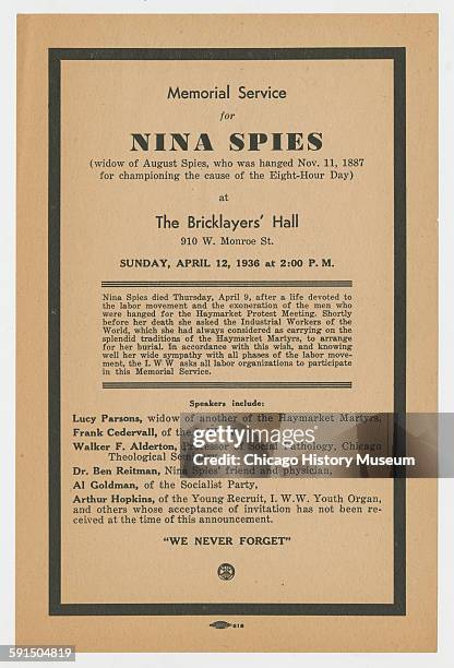 Flyer for the memorial service of Nina Spies, widow of August Spies, Chicago, Illinois, 1936.