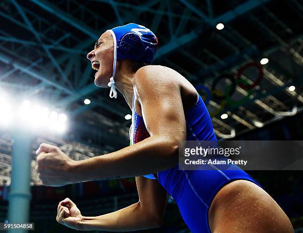 Chiara Tabani of Italy reacts with passion during the Water Polo semi final match between Italy and Russia at Olympic Aquatics Stadium on August 17,...