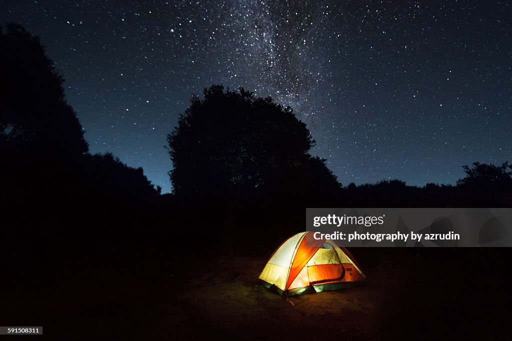 Lonely tent with lights in dark a starry night