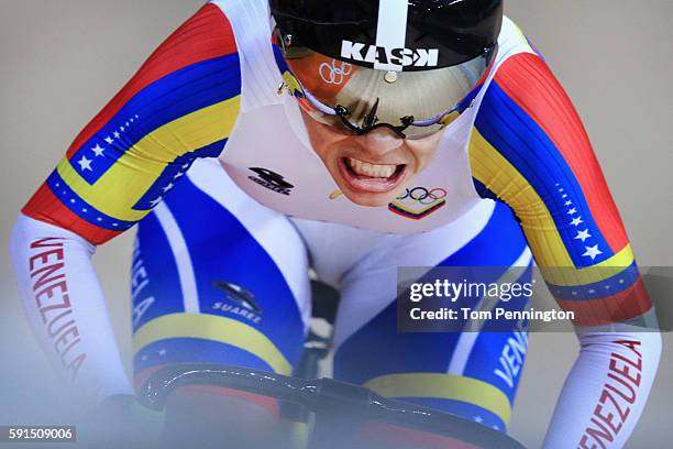 Angie Sabrina Gonzalez of Venezuela competes during the Women's Omnium Flying Lap race on Day 11 of the Rio 2016 Olympic Games at the Rio Olympic...