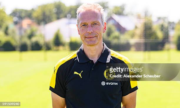 Rainer Schrey poses during the team presentation of Borussia Dortmund on August 17, 2016 in Dortmund, Germany.