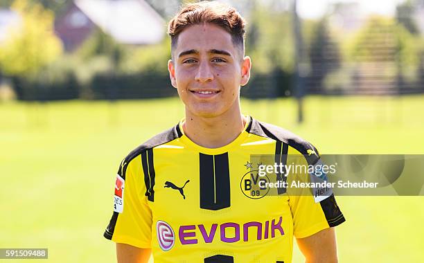 Emre Mor poses during the team presentation of Borussia Dortmund on August 17, 2016 in Dortmund, Germany.