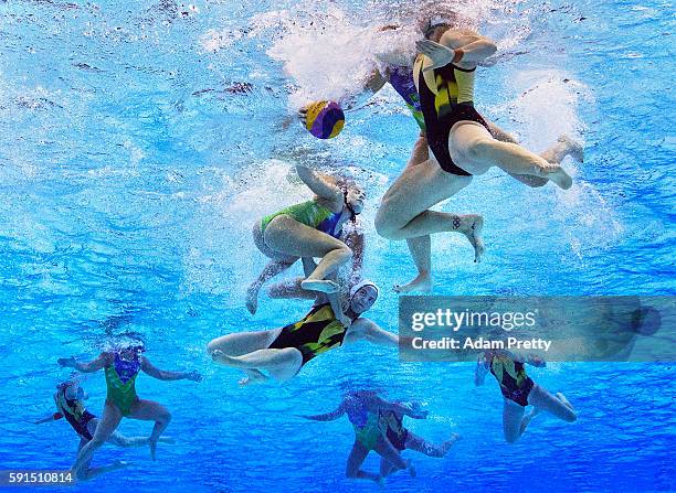 Zoe Arancini of Australia is smashed during the Women's Water Polo qualification match between Australia and Brazil at Olympic Aquatics Stadium on...