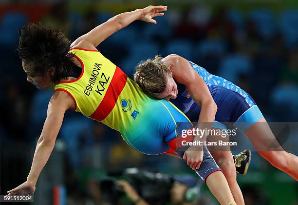 Haley Ruth Augello of the United States competes against Zhuldyz Eshimova of Kazakhstan during a Women's Freestyle 48kg Repechage Round 2 bout on Day...