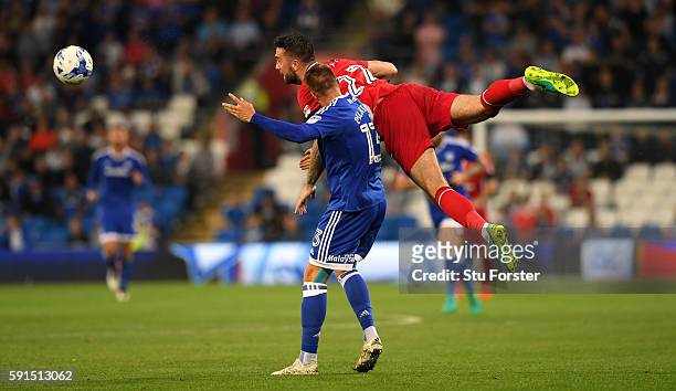 Shane Duffy of Blackburn challenges Kevin Pilkington of Cardiff during the Sky Bet Championship match between Cardiff City and Blackburn Rovers at...