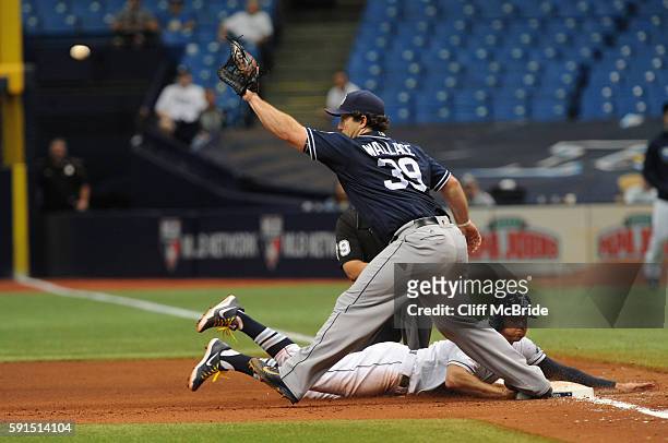 Brad Miller of the Tampa Bay Rays dives back to first base as Brett Wallace of the San Diego Padres takes the throw in the fourth inning on August...