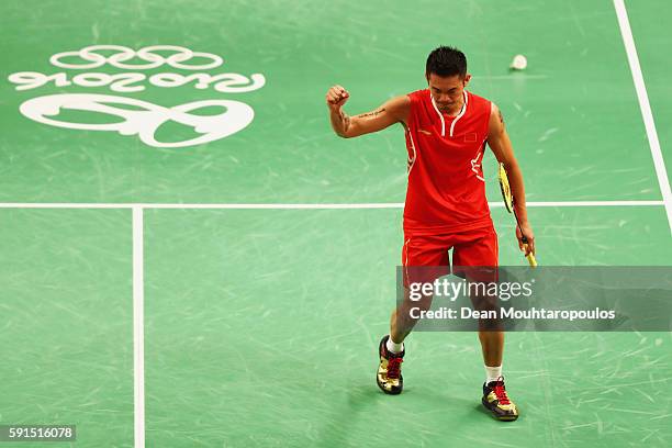 Dan Lin of China celebrates a point against Srikanth Kidambi of India during the Men's Singles Quarterfinal Badminton match Day 12 of the Rio 2016...