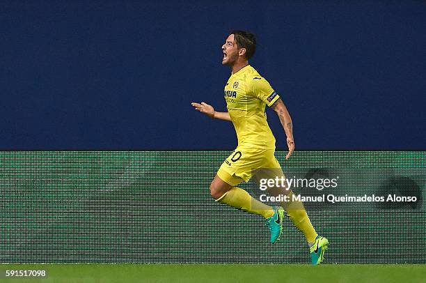 Alexandre Pato of Villarreal celebrates scoring his team's first goal during the UEFA Champions League play-off first leg match between Villarreal CF...