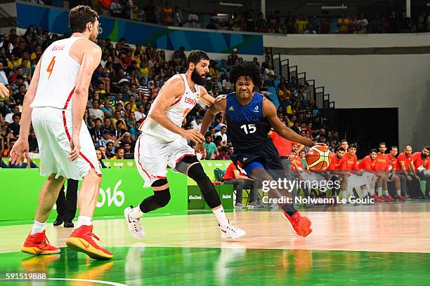 Nikola Mirotic of Spain and Mickael Gelabale of France during Basketball game betwenn France and Spain on Olympic Games 2016 in Rio at Carioca Arena...