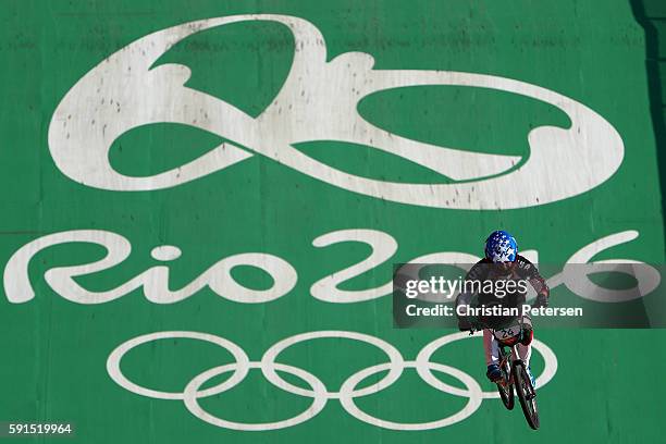 Corben Sharrah of the United States competes in the Cycling - BMX Men's Seeding Run on day 12 of the Rio 2016 Olympic Games at The Olympic BMX Centre...