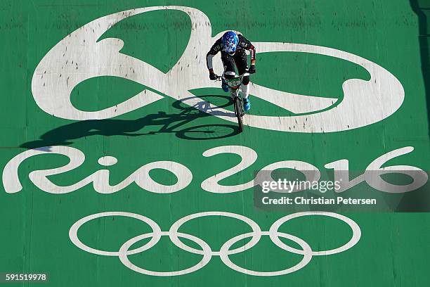 Corben Sharrah of the United States competes in the Cycling - BMX Men's Seeding Run on day 12 of the Rio 2016 Olympic Games at The Olympic BMX Centre...