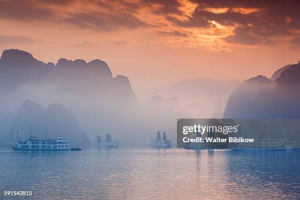 halong bay, tourist boats, sunrise - halong bay stockfoto's en -beelden