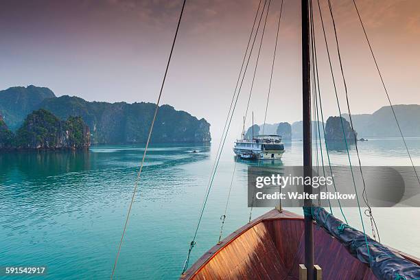 halong bay, tourist boats, dusk - baie d'halong photos et images de collection