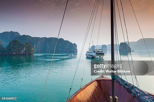 halong bay, tourist boats, dusk - baia di ha long foto e immagini stock