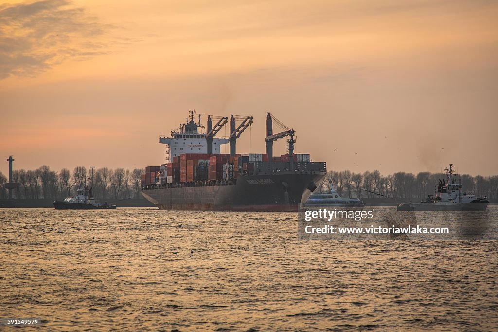 Containership in Hamburg on a winter afternoon