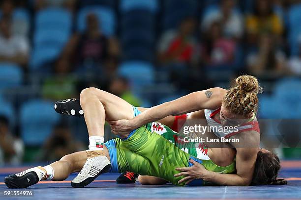 Elitsa Atanasova Yankova of Bulgaria competes against Patricia Alejandra Bermudez of Argentina during a Women's Freestyle 48kg Bronze Medal bout on...