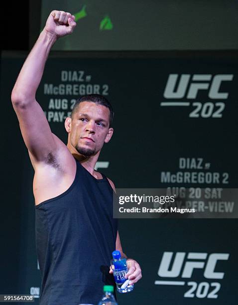 Nate Diaz arrives to the UFC 202 Press Conference at David Copperfield Theater in the MGM Grand Hotel/Casino on August 17, 2016 in Las Vegas, Nevada.