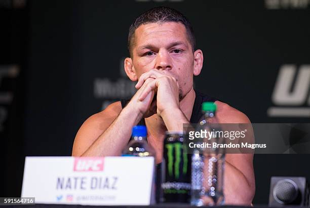 Nate Diaz speaks to the media during the UFC 202 Press Conference at David Copperfield Theater in the MGM Grand Hotel/Casino on August 17, 2016 in...