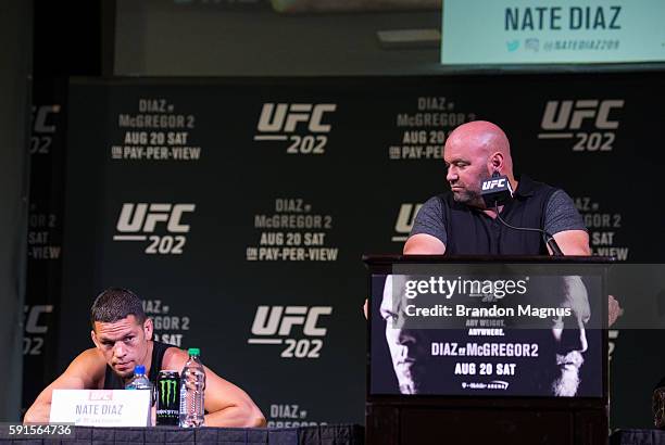 Nate Diaz speaks to the media during the UFC 202 Press Conference at David Copperfield Theater in the MGM Grand Hotel/Casino on August 17, 2016 in...