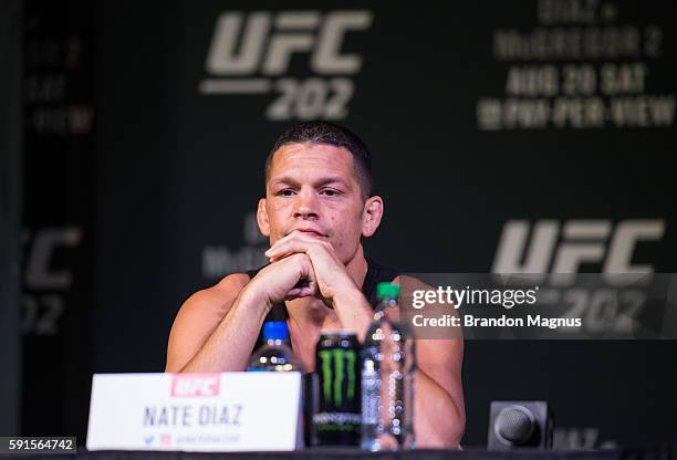 Nate Diaz speaks to the media during the UFC 202 Press Conference at David Copperfield Theater in the MGM Grand Hotel/Casino on August 17, 2016 in...