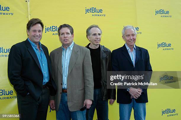 Robert Hayes, David Zucker, Jerry Zucker, Jim Abrahams and Tim Clayton attend JetBlue Airways' launch event in Los Angeles at Warner Brothers STudios...