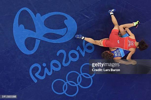 Valeriia Koblova Zholobova of Russia competes against Kaori Icho of Japan during the Women's Freestyle 58 kg Gold Medal match on Day 12 of the Rio...
