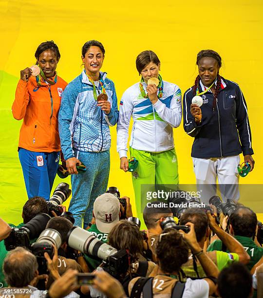 Under 63kg medallists Bronzes; Anicka van Emden of the Netherlands and Yarden Gerbi of Israel, Gold; Tina Trstenjak of Slovenia and Silver; Clarisse...