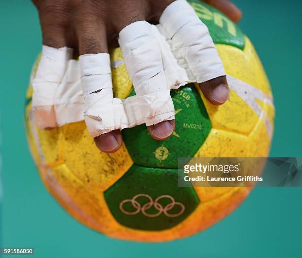 Detailed view of a ball is displayed during the Men's Quarterfinal Handball contest at Future Arena on Day 12 of the Rio 2016 Olympic Games on August...