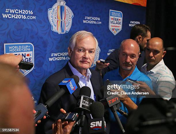 President Donald Fehr addresses the media during the World Cup of Hockey Press announcement at the Fermenting Cellar on August 17, 2016 in Toronto,...