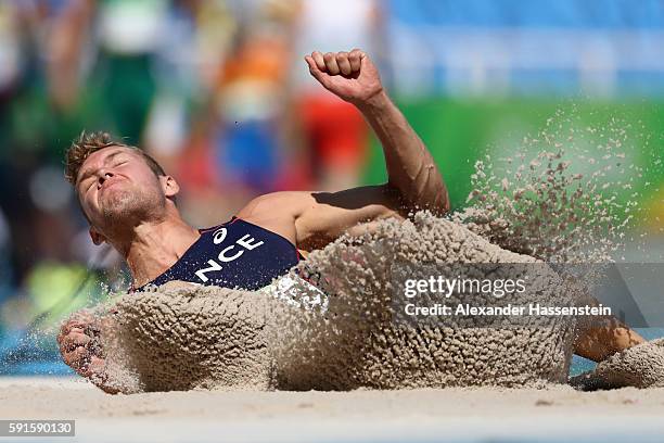 Kevin Mayer of France competes in the Men's Decathlon Long Jump on Day 12 of the Rio 2016 Olympic Games at the Olympic Stadium on August 17, 2016 in...