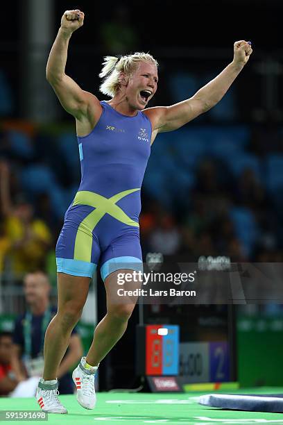 Anna Jenny Fransson of Sweden celebrates defeating Dorothy Erzsebet Yeats of Canada during the Women's Freestyle 69 kg Bronze Medal match on Day 12...