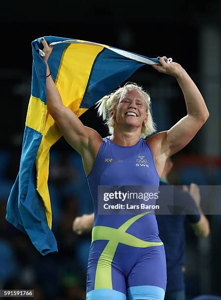 Anna Jenny Fransson of Sweden celebrates after defeating Dorothy Erzsebet Yeats of Canada during the Women's Freestyle 69 kg Bronze Medal match on...