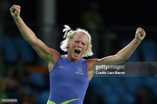 Anna Jenny Fransson of Sweden celebrates after defeating Dorothy Erzsebet Yeats of Canada during the Women's Freestyle 69 kg Bronze Medal match on...