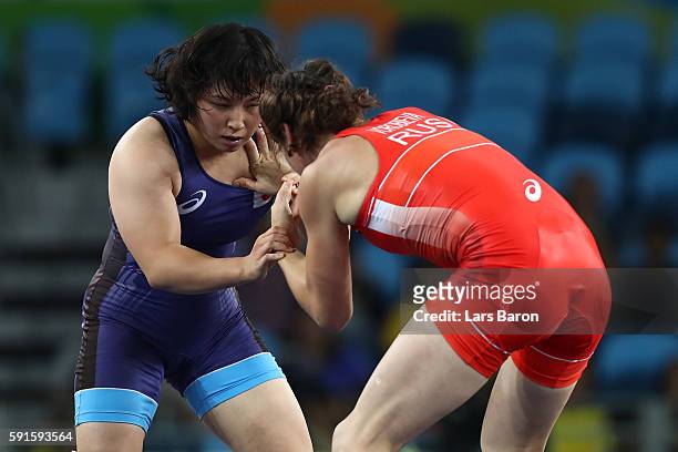 Natalia Vorobeva of Russia competes against Sara Dosho of Japan during the Women's Freestyle 69kg Gold Medal bout on Day 12 of the Rio 2016 Olympic...