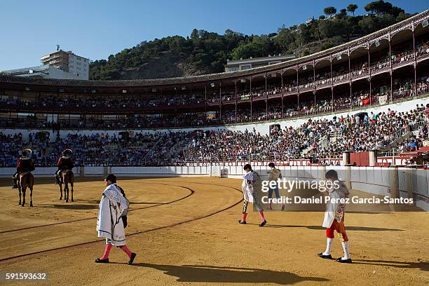 The bullfighters Diego Urdiales, Joselito Adame, Jimenez Fortes and Miguel Angel Perera during the Picassiana bullfight at the Malagueta bullring on...