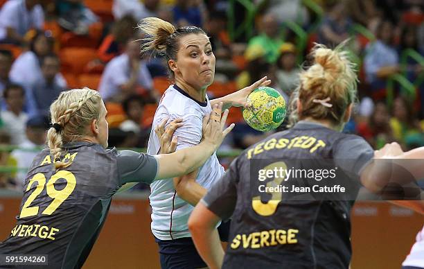 Nora Mork of Norway in action during the handball match between Norway and Sweden in the Women's Quarterfinal at Future Arena on August 16, 2016 in...