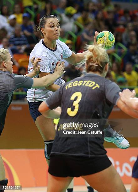Nora Mork of Norway in action during the handball match between Norway and Sweden in the Women's Quarterfinal at Future Arena on August 16, 2016 in...