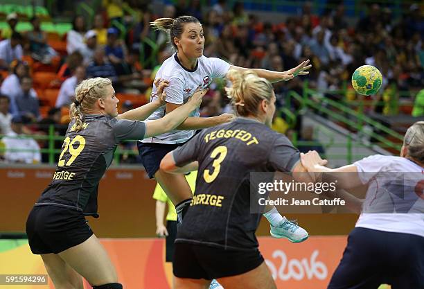 Nora Mork of Norway in action during the handball match between Norway and Sweden in the Women's Quarterfinal at Future Arena on August 16, 2016 in...