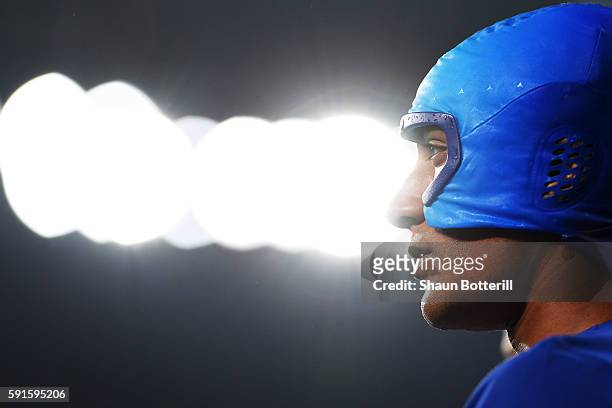 Ashton Eaton of the United States wears a cooling cap during the Men's Decathlon High Jump on Day 12 of the Rio 2016 Olympic Games at the Olympic...