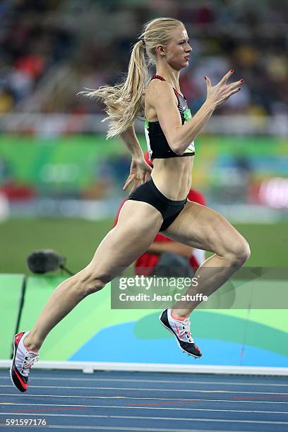 Sage Watson of Canada competes in the Women's 400m Hurdles on day 11 of the Rio 2016 Olympic Games at Olympic Stadium on August 16, 2016 in Rio de...