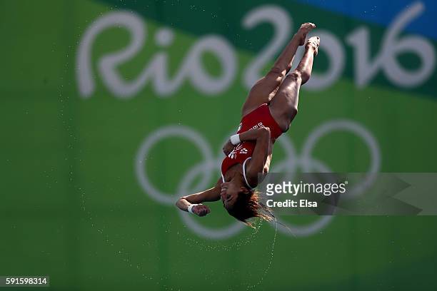 Paola Espinosa of Mexico competes during the Women's 10m Platform Diving preliminaries on Day 12 of the Rio 2016 Olympic Games at Maria Lenk Aquatics...