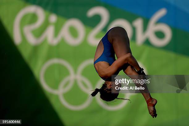 Laura Marino of France competes during the Women's 10m Platform Diving preliminaries on Day 12 of the Rio 2016 Olympic Games at Maria Lenk Aquatics...